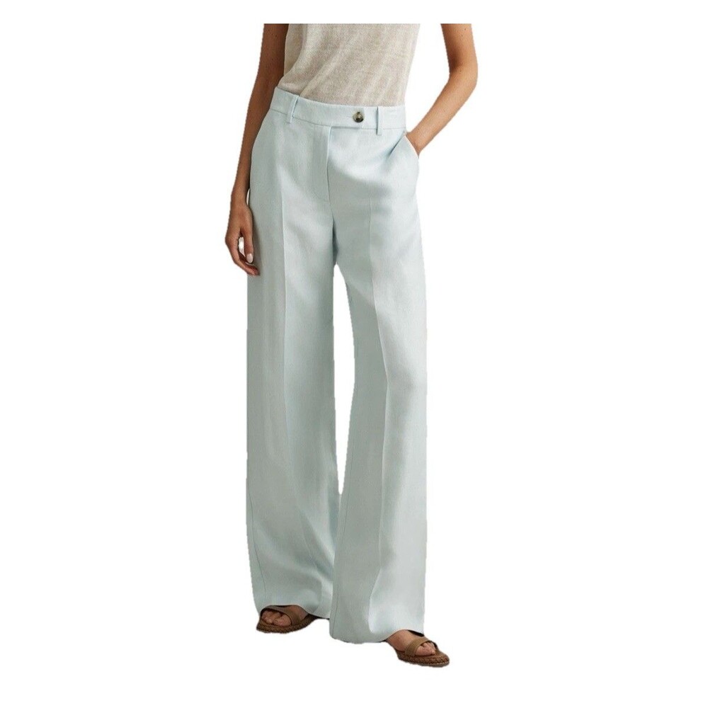 Reiss Blue Lori Viscose-Linen Wide Leg Suit Trousers Sz 6 p